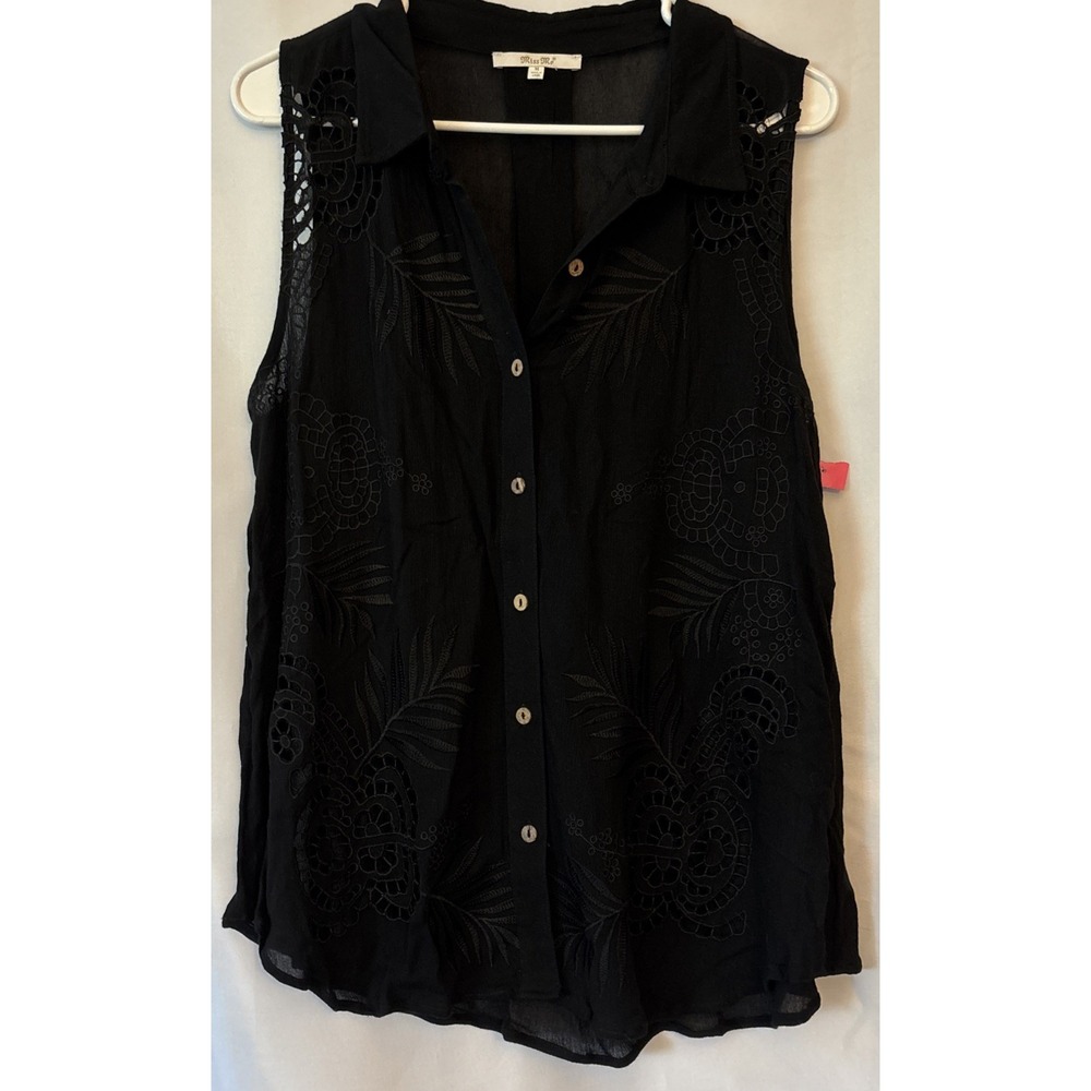 Miss Me Black Sleeveless Eyelet Sheer Boho Button Up Lace Blouse Romantic M